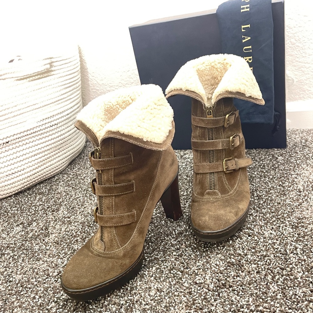 Ralph Lauren Shearling-lined Olive Suede Ankle Winter Boots, size 8.5D - Picture 8 of 11